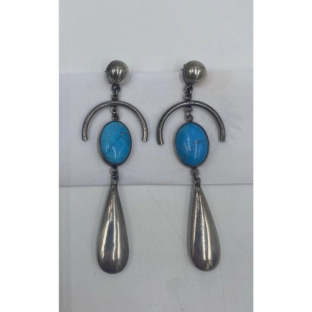 Vintage TAXCO Mexico Sterling Silver Turquoise Dangle Earrings 3.4” 22g TC 127 - Picture 4 of 8